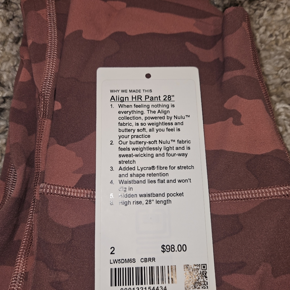 Lululemon Align high rise 28" leggings, brier rose camo size 2